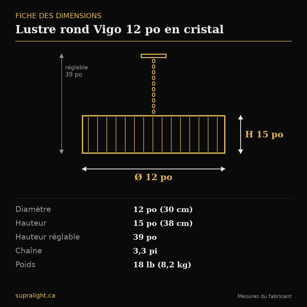 Lustre rond Vigo 12 po en cristal – dimensions