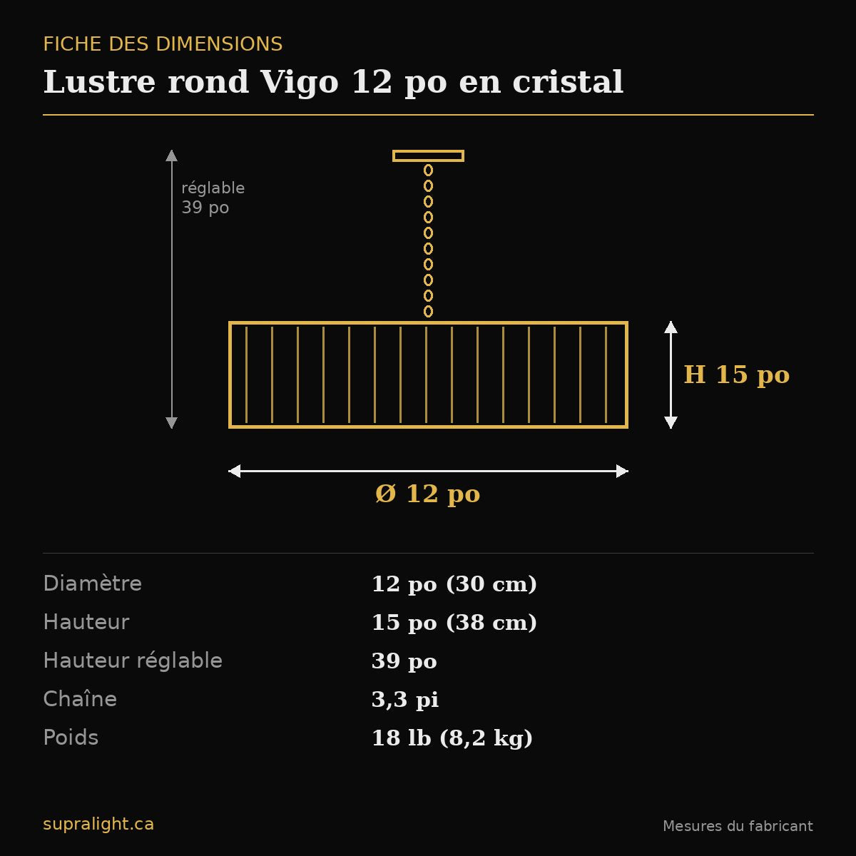 Lustre rond Vigo 12 po en cristal – dimensions