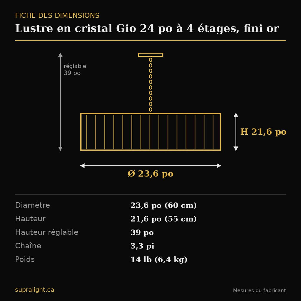 Lustre en cristal Gio 24 po à 4 étages, fini or – dimensions