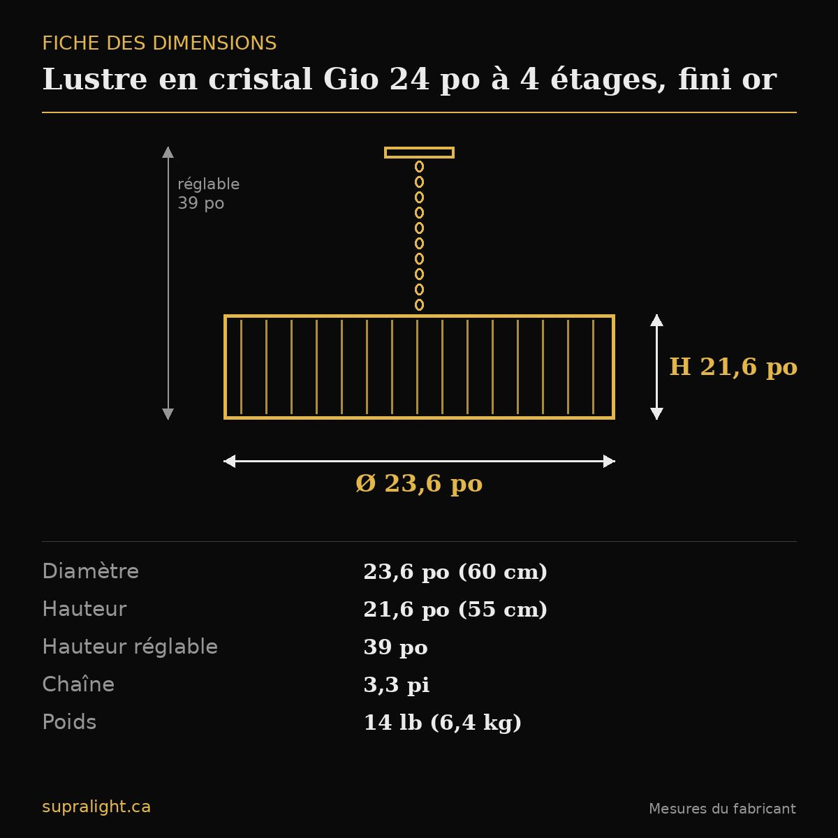 Lustre en cristal Gio 24 po à 4 étages, fini or – dimensions