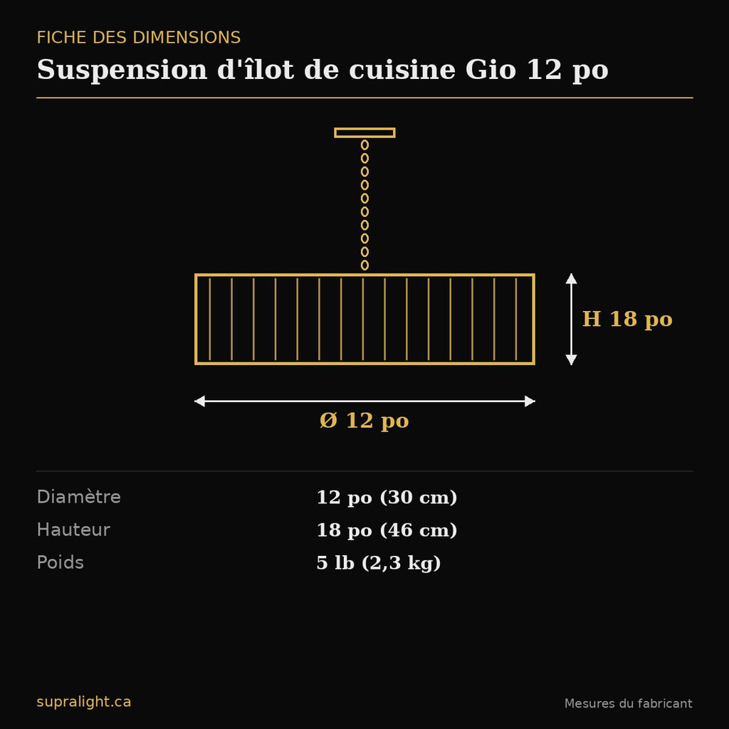 Suspension d'îlot de cuisine Gio 12 po – dimensions