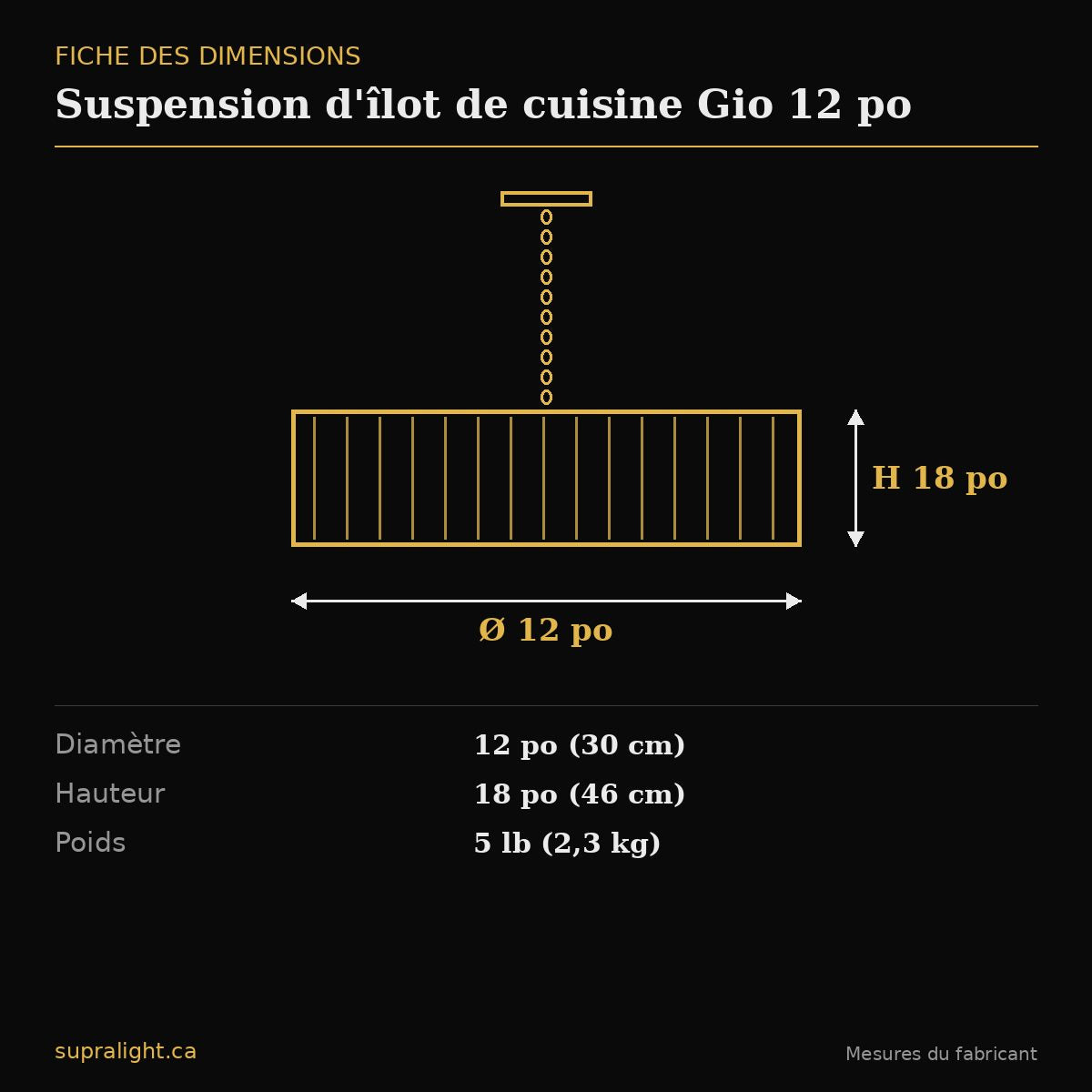 Suspension d'îlot de cuisine Gio 12 po – dimensions