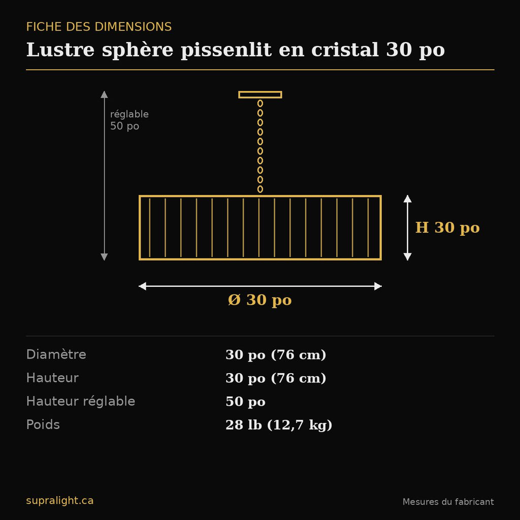 Lustre sphère pissenlit en cristal 30 po – dimensions