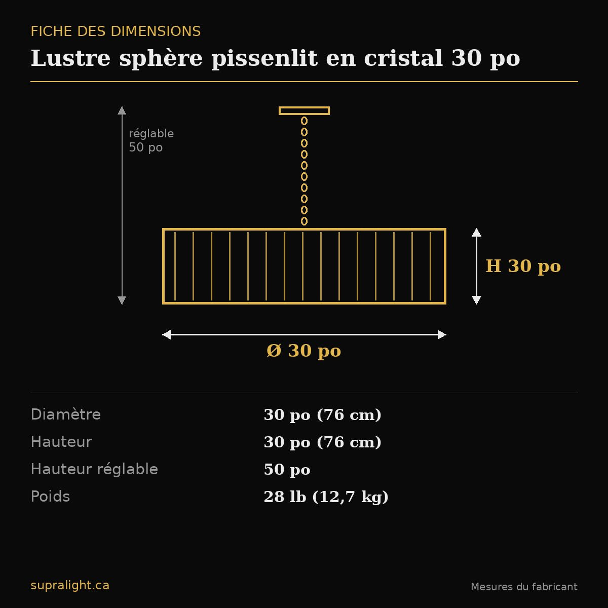 Lustre sphère pissenlit en cristal 30 po – dimensions