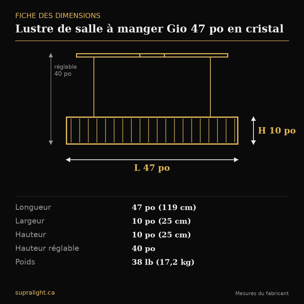 Lustre de salle à manger Gio 47 po en cristal – dimensions