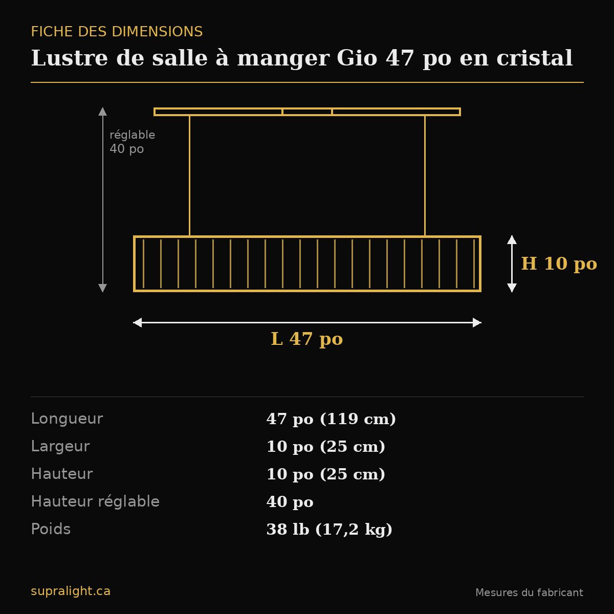 Lustre de salle à manger Gio 47 po en cristal – dimensions