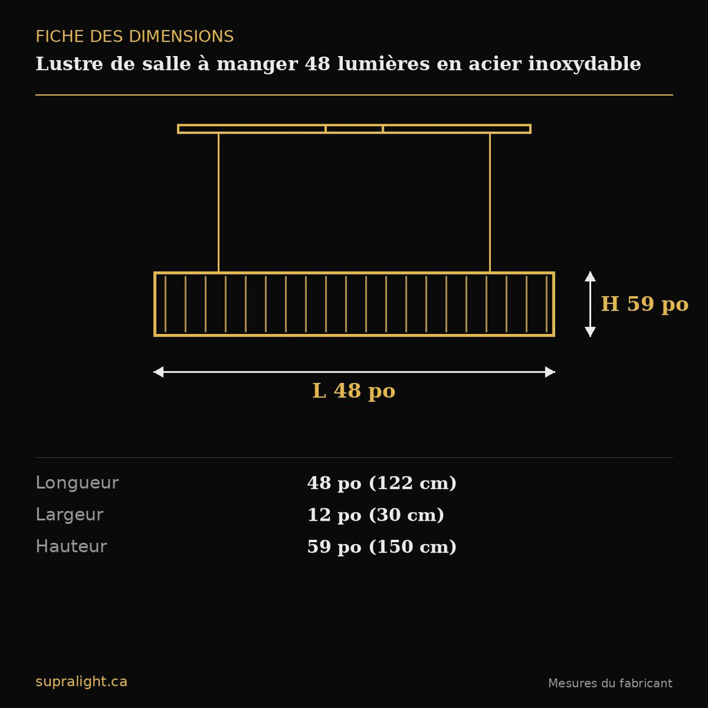 Lustre de salle à manger 48 lumières en acier inoxydable – dimensions