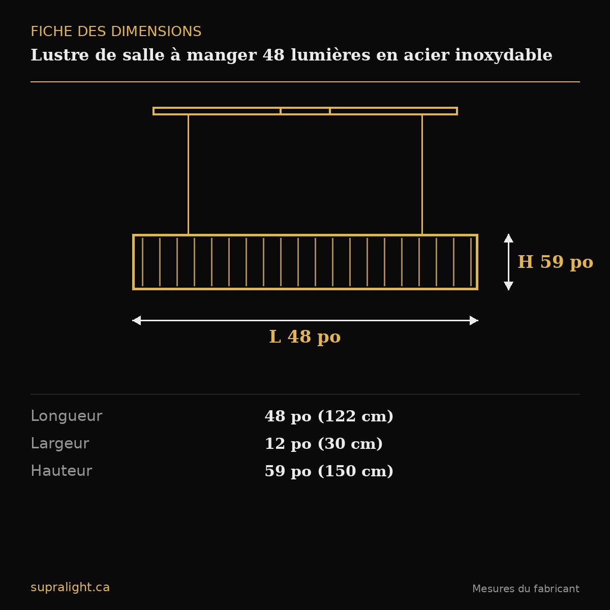 Lustre de salle à manger 48 lumières en acier inoxydable – dimensions
