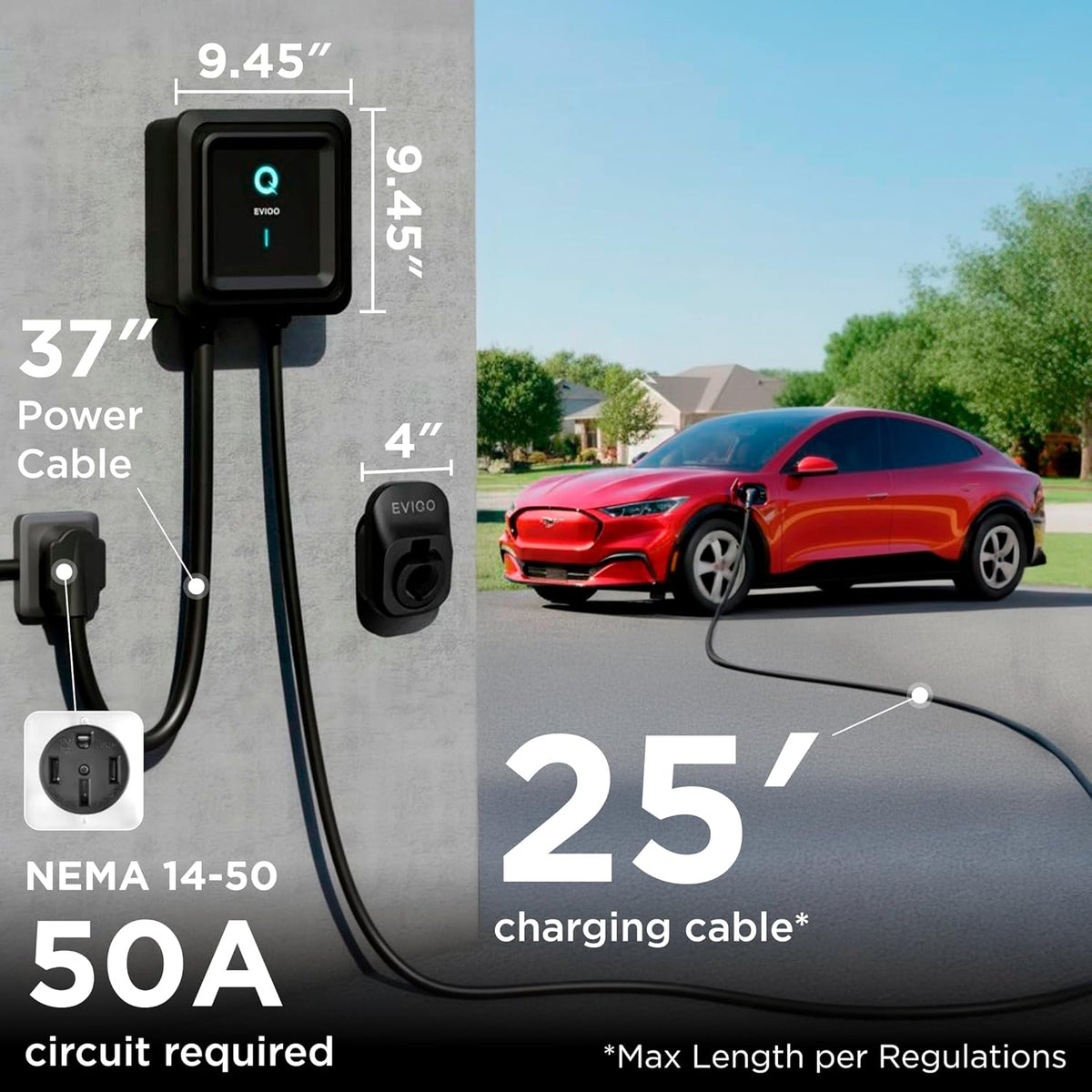 Borne de recharge EVIQO 40 A – 240 V, NEMA 14-50, J1772, câble 25 pi