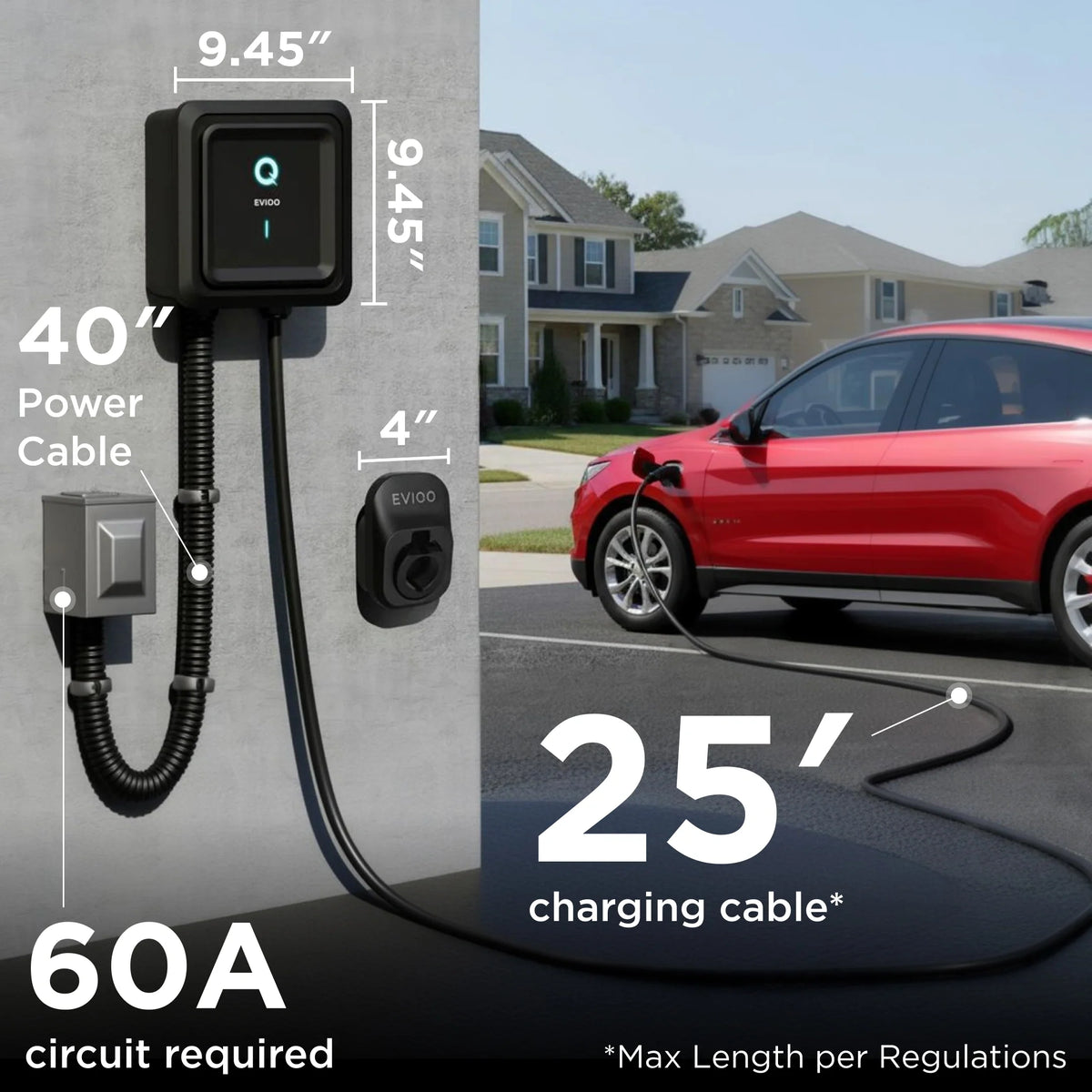 Borne de recharge EVIQO 48 A – 240 V, raccordement permanent, J1772, câble 25 pi