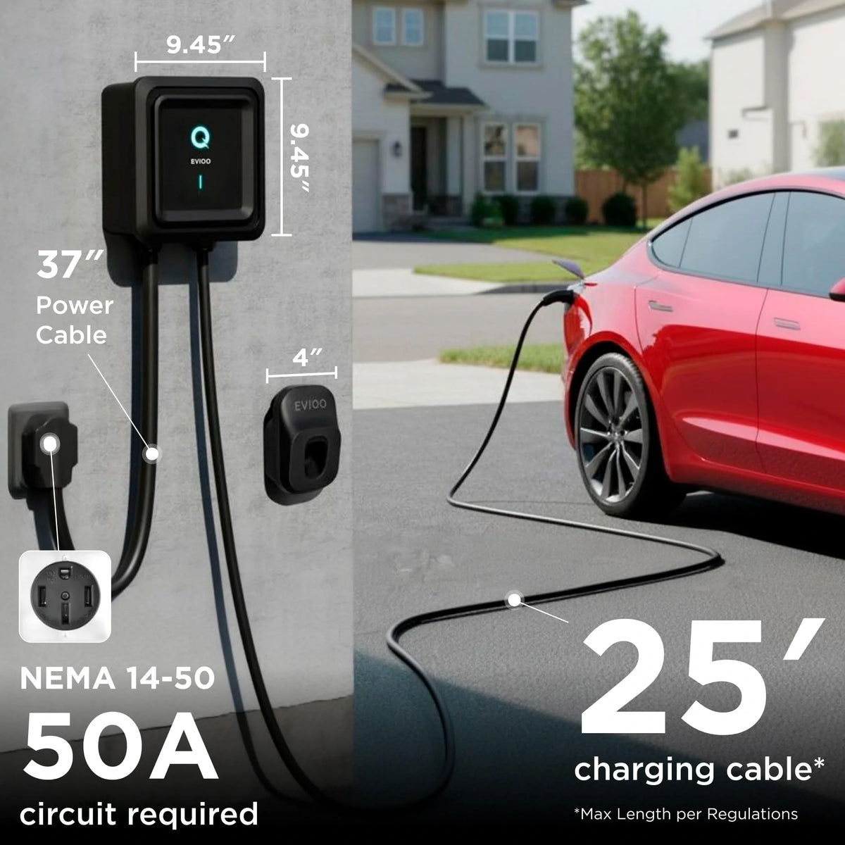 Borne de recharge EVIQO 40 A – 240 V, NEMA 14-50, NACS (Tesla), câble 25 pi