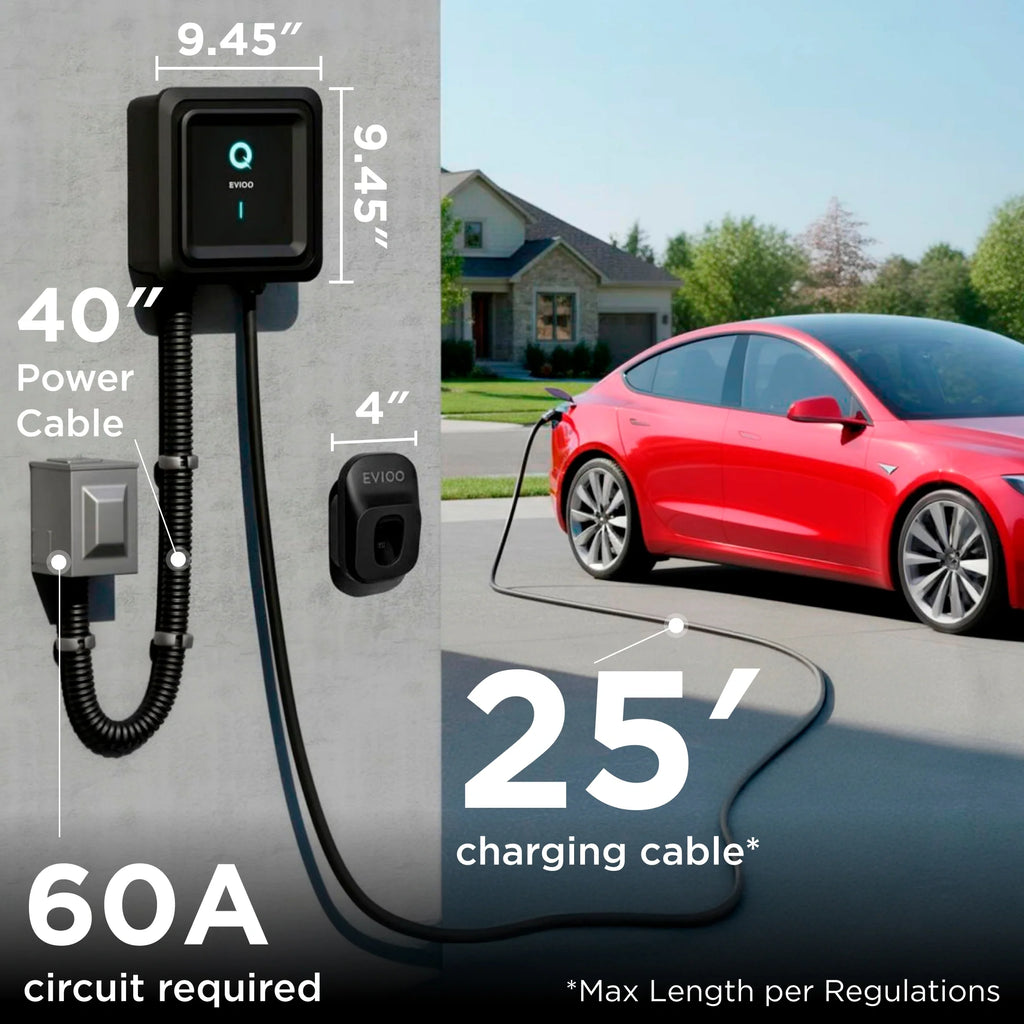 Borne de recharge EVIQO 48 A – 240 V, raccordement permanent, NACS (Tesla), câble 25 pi