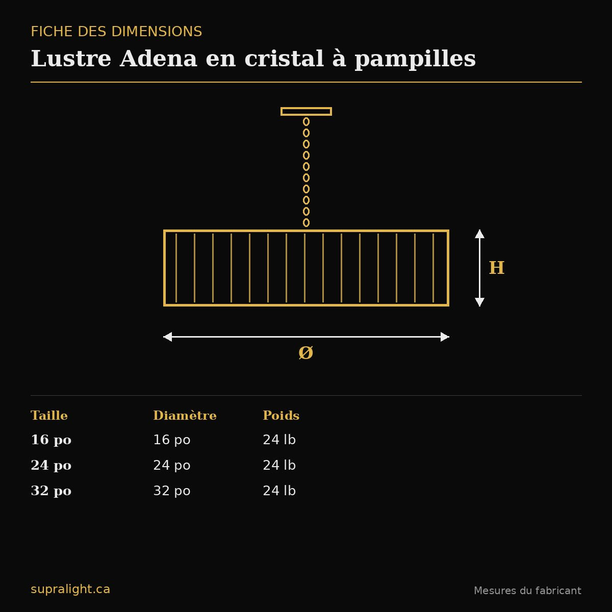 Lustre Adena en cristal à pampilles – dimensions