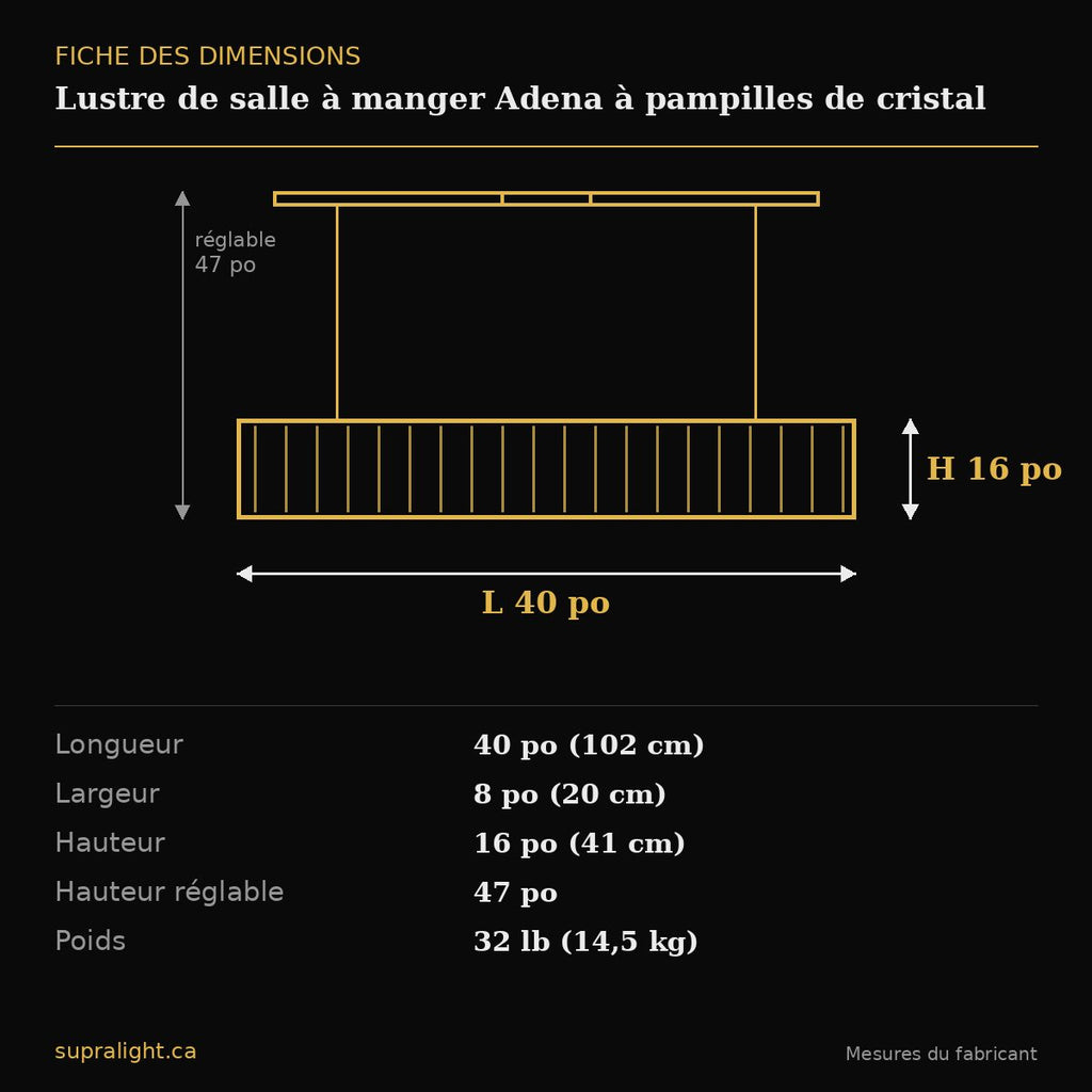 Lustre de salle à manger Adena à pampilles de cristal – dimensions