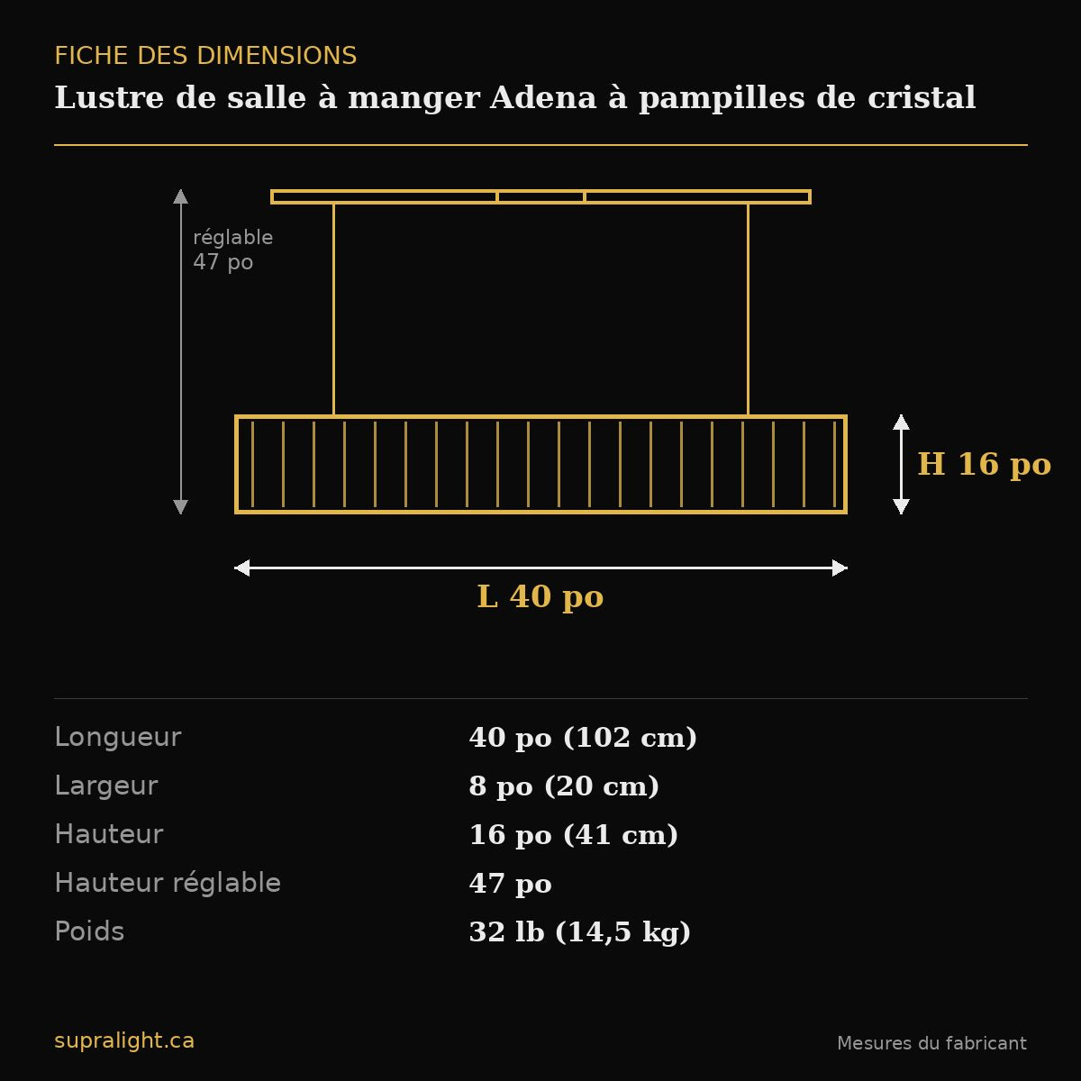 Lustre de salle à manger Adena à pampilles de cristal – dimensions