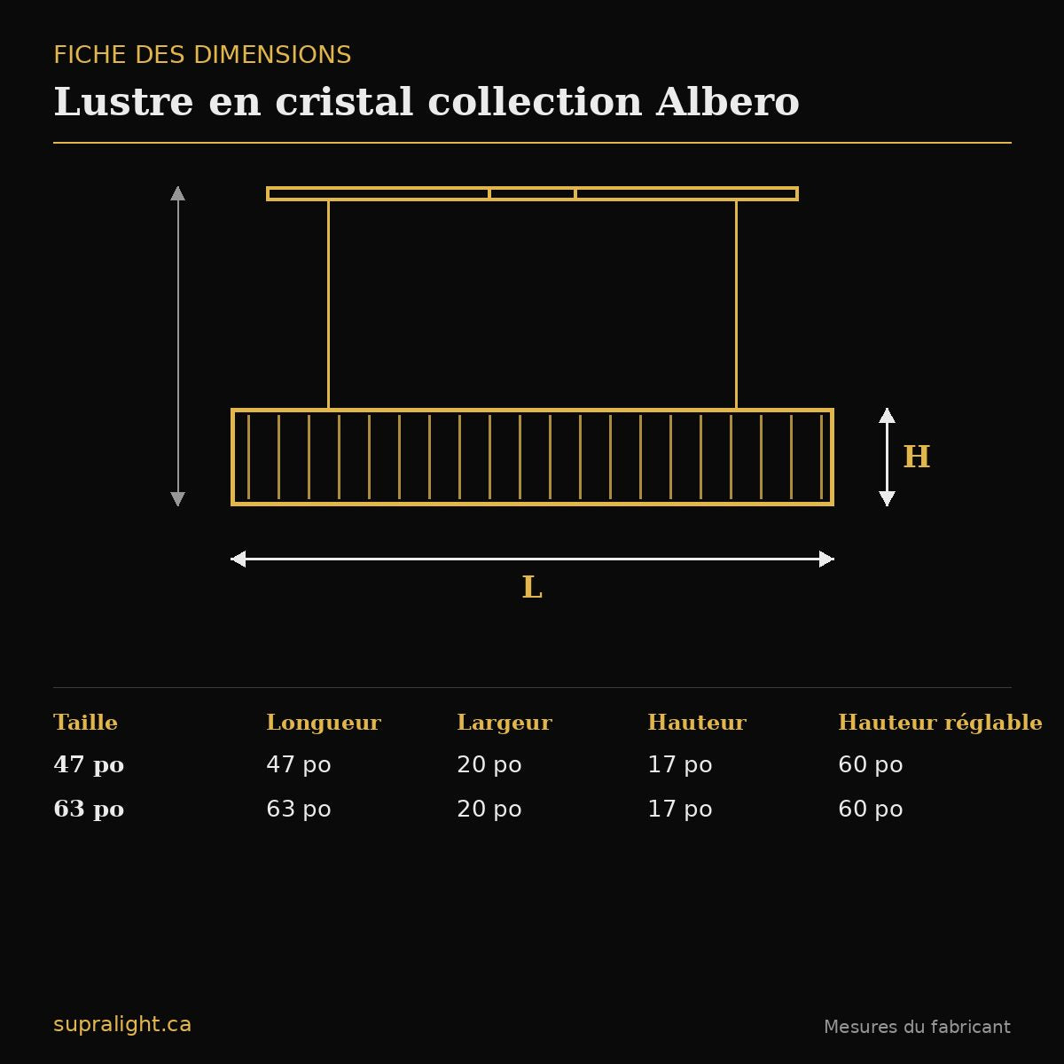 Lustre en cristal collection Albero – dimensions