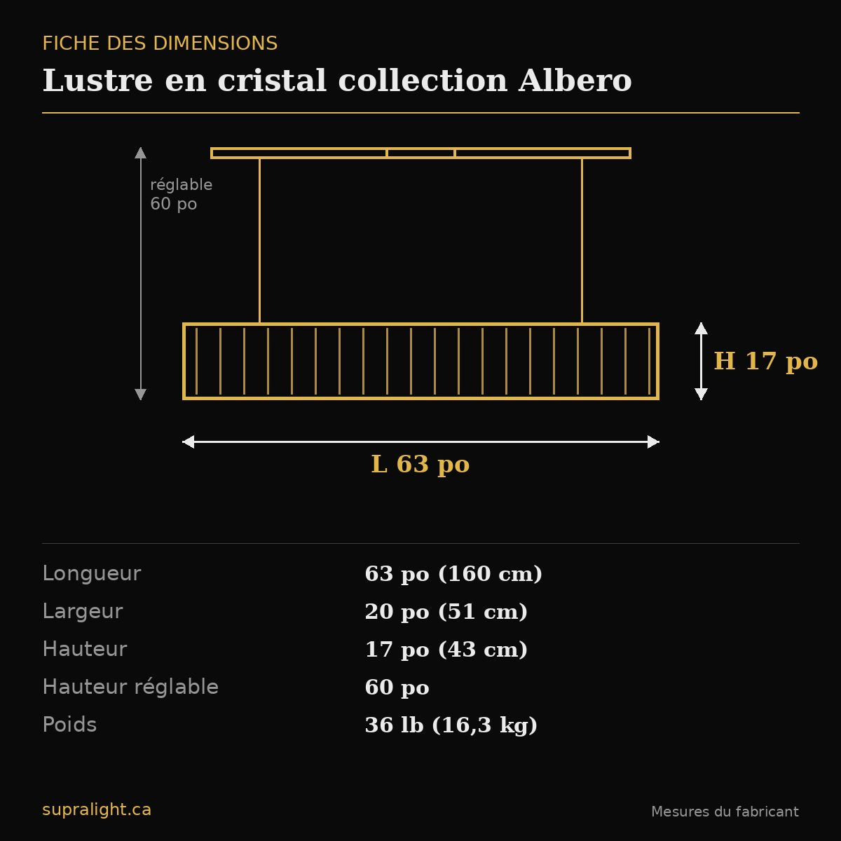 Lustre en cristal collection Albero – dimensions