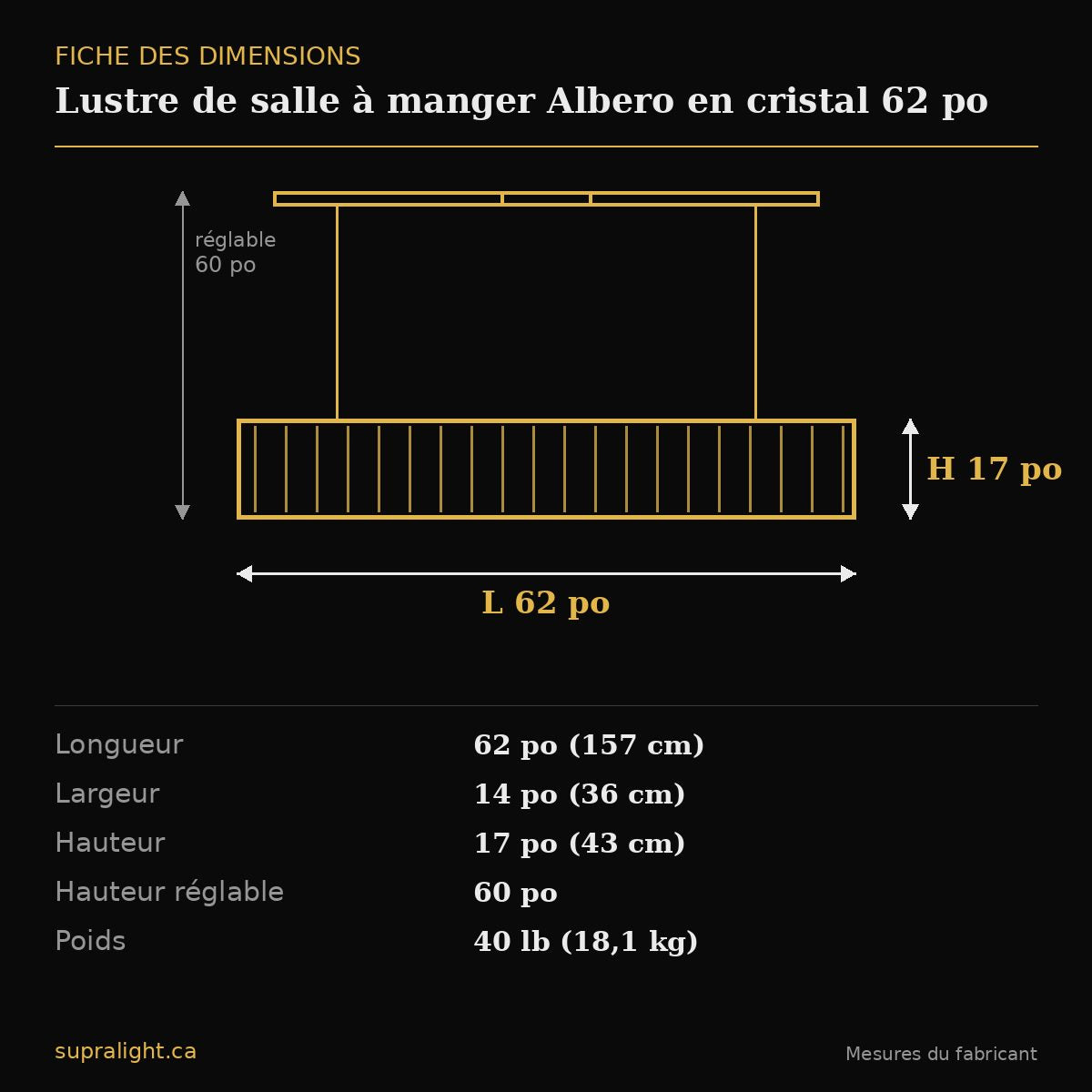Lustre de salle à manger Albero en cristal 62 po – dimensions