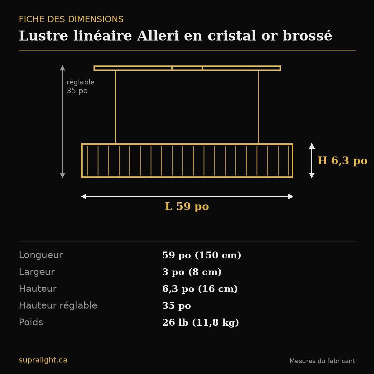 Lustre linéaire Alleri en cristal or brossé – dimensions