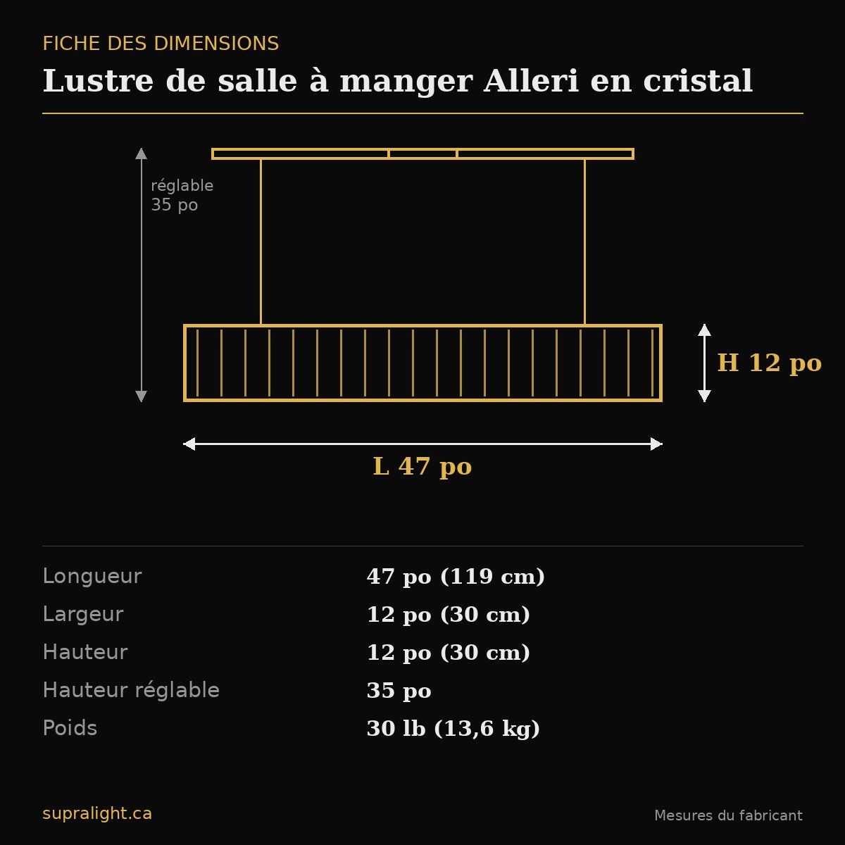 Lustre de salle à manger Alleri en cristal – dimensions