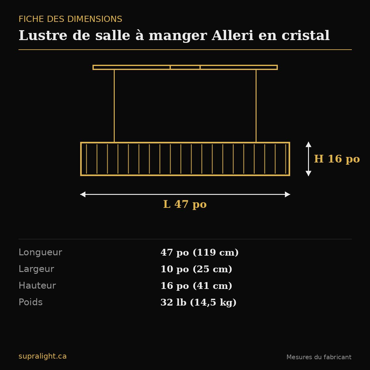 Lustre de salle à manger Alleri en cristal – dimensions