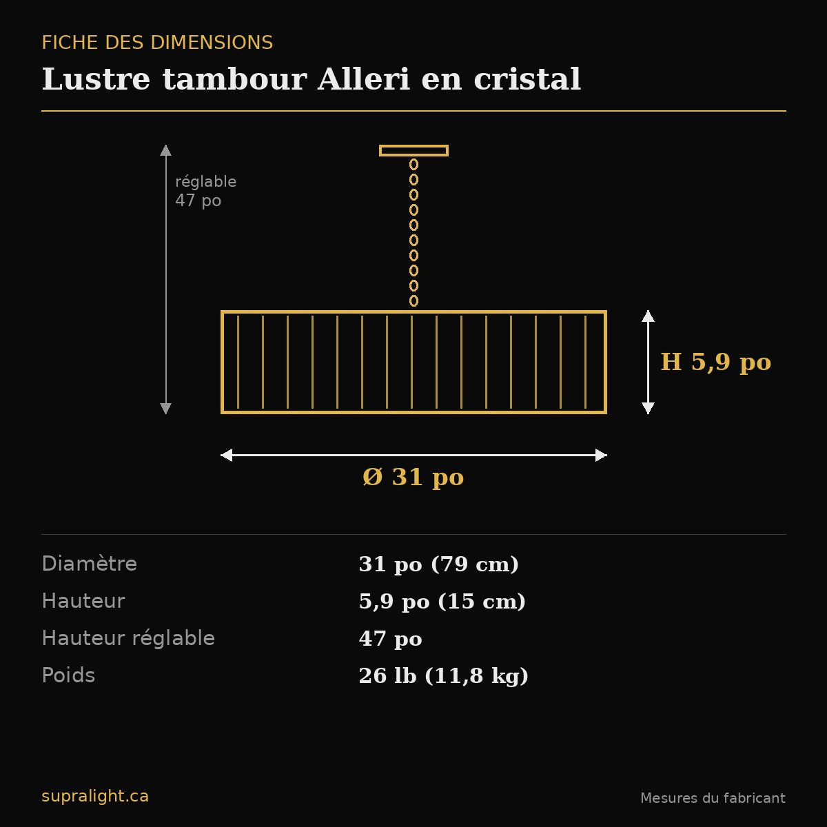 Lustre tambour Alleri en cristal – dimensions