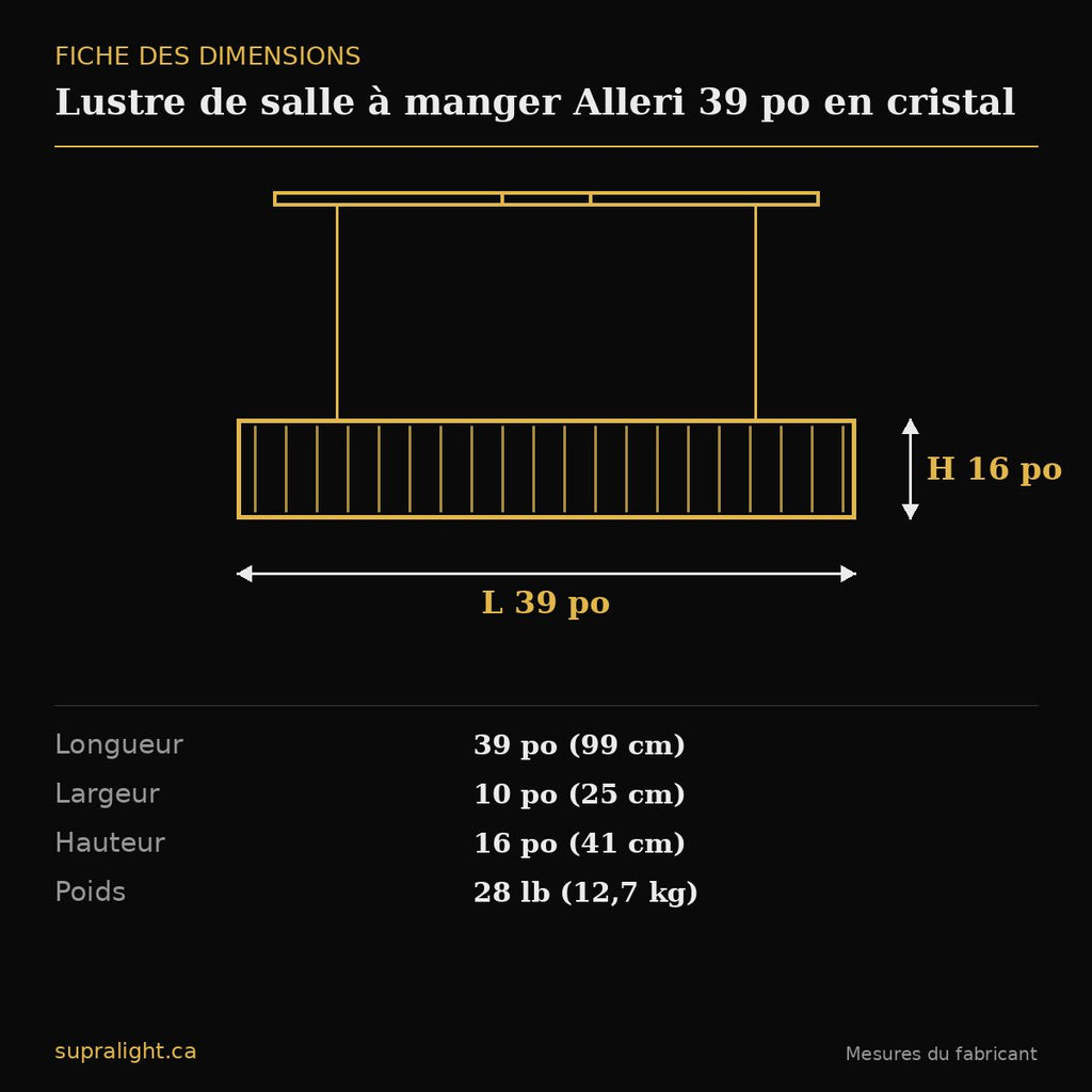 Lustre de salle à manger Alleri 39 po en cristal – dimensions