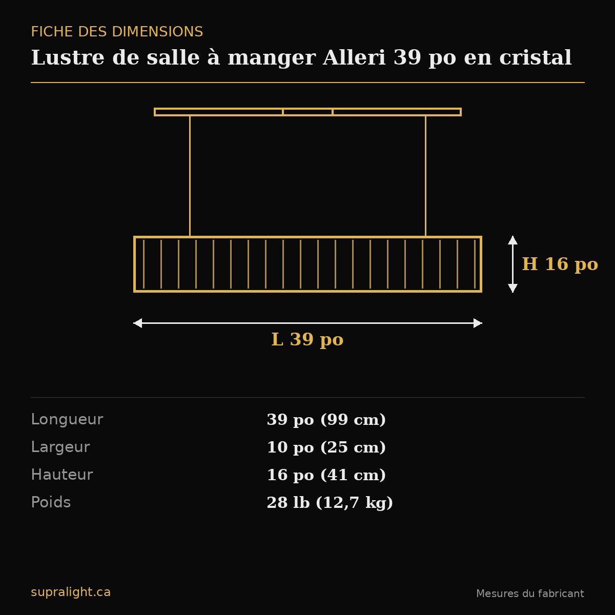 Lustre de salle à manger Alleri 39 po en cristal – dimensions