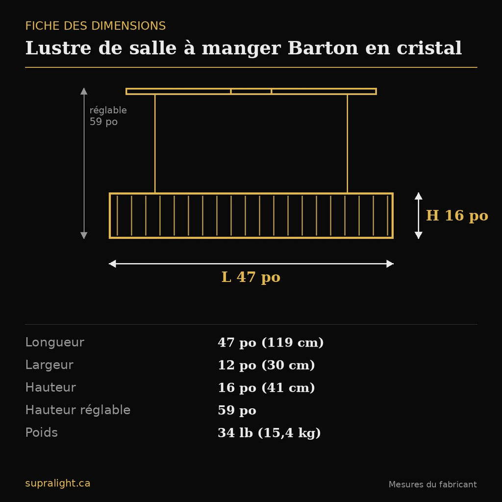 Lustre de salle à manger Barton en cristal – dimensions