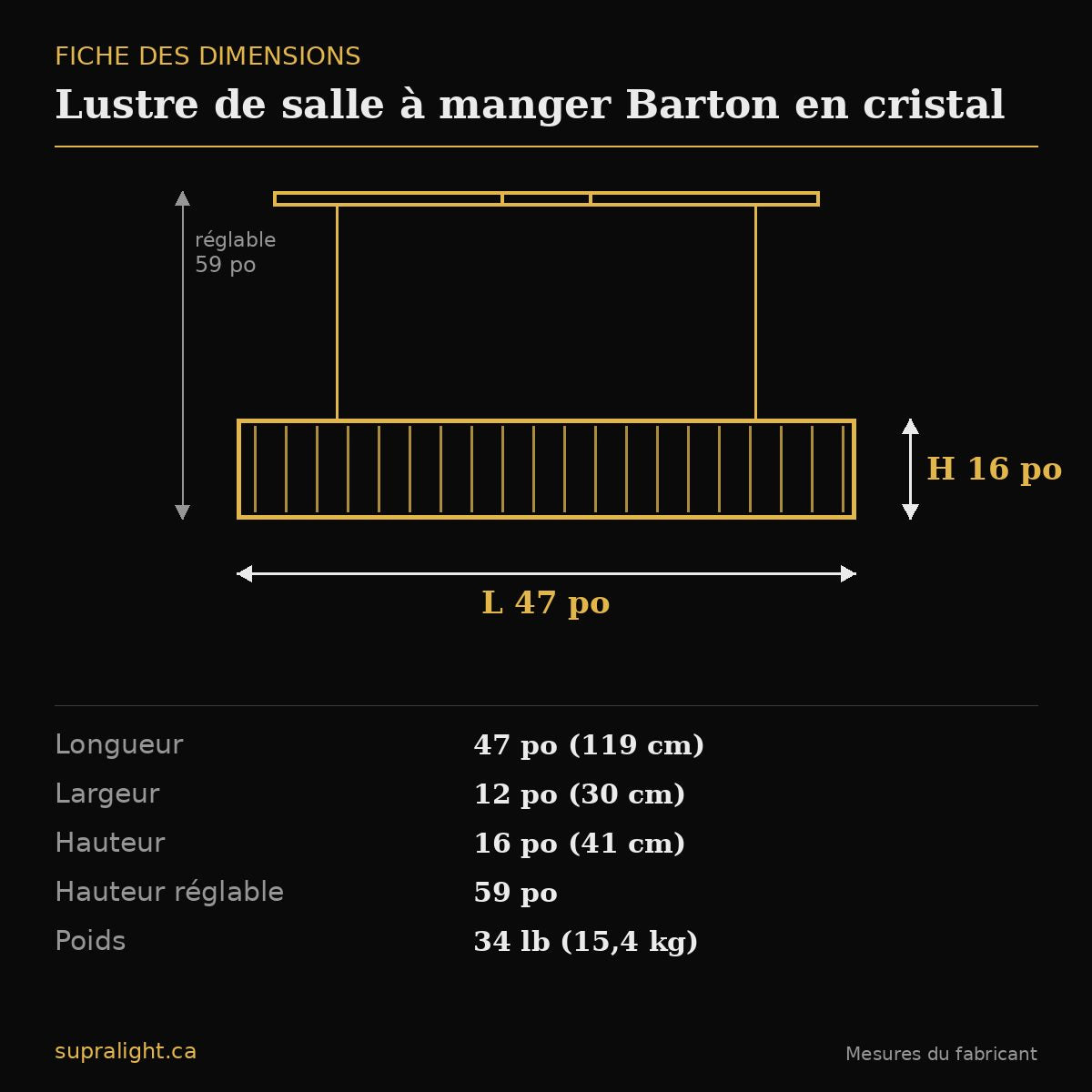 Lustre de salle à manger Barton en cristal – dimensions