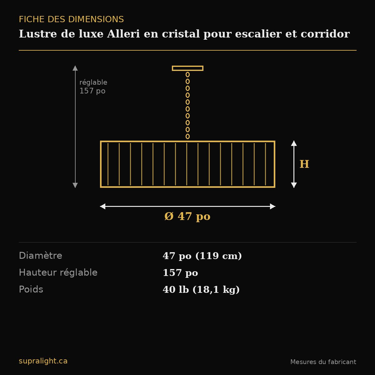 Lustre de luxe Alleri en cristal pour escalier et corridor – dimensions