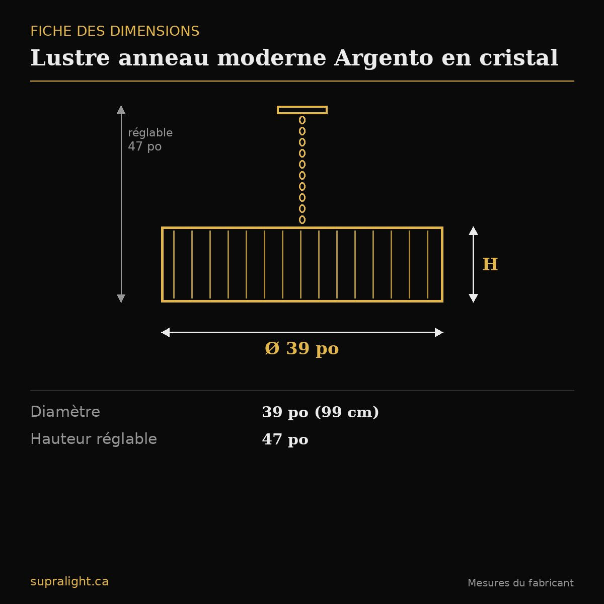 Lustre anneau moderne Argento en cristal – dimensions