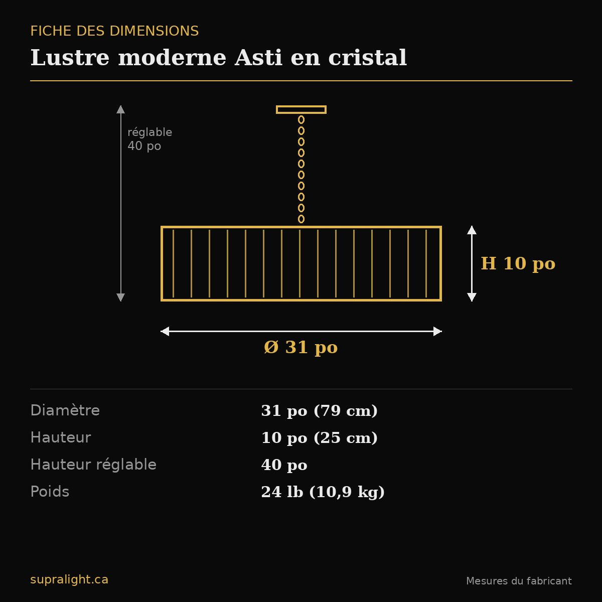 Lustre moderne Asti en cristal – dimensions