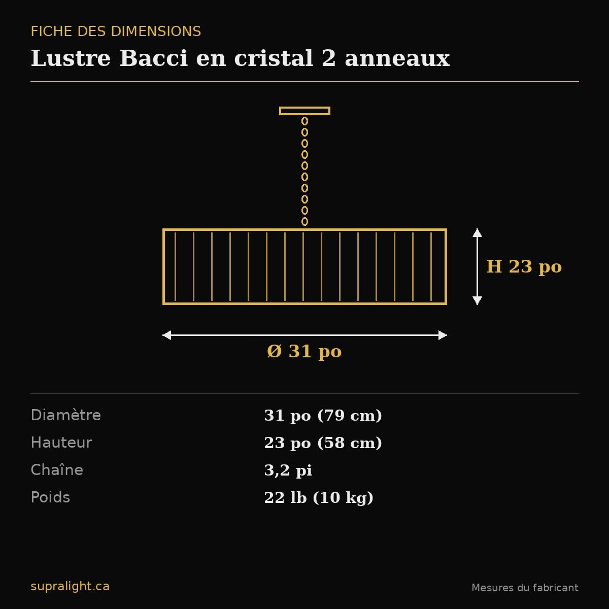 Lustre Bacci en cristal 2 anneaux – dimensions