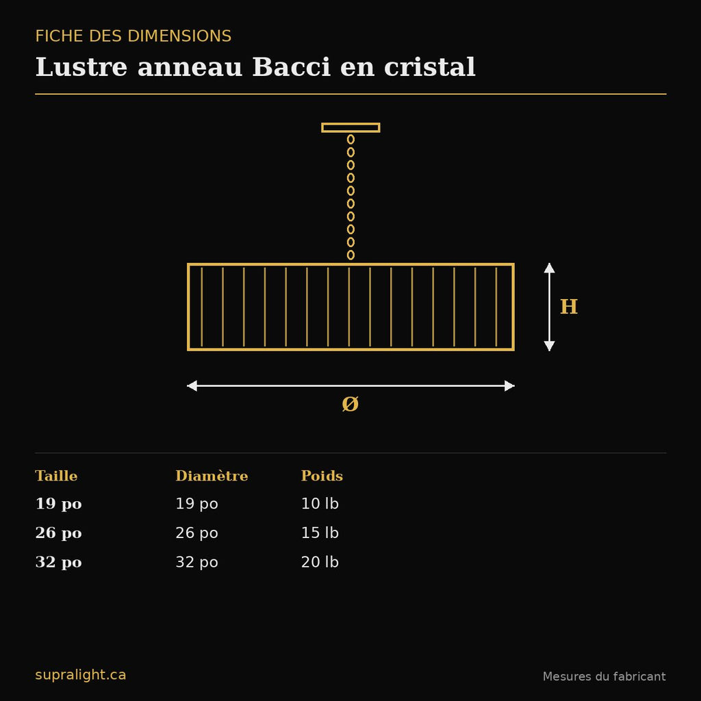Lustre anneau Bacci en cristal – dimensions