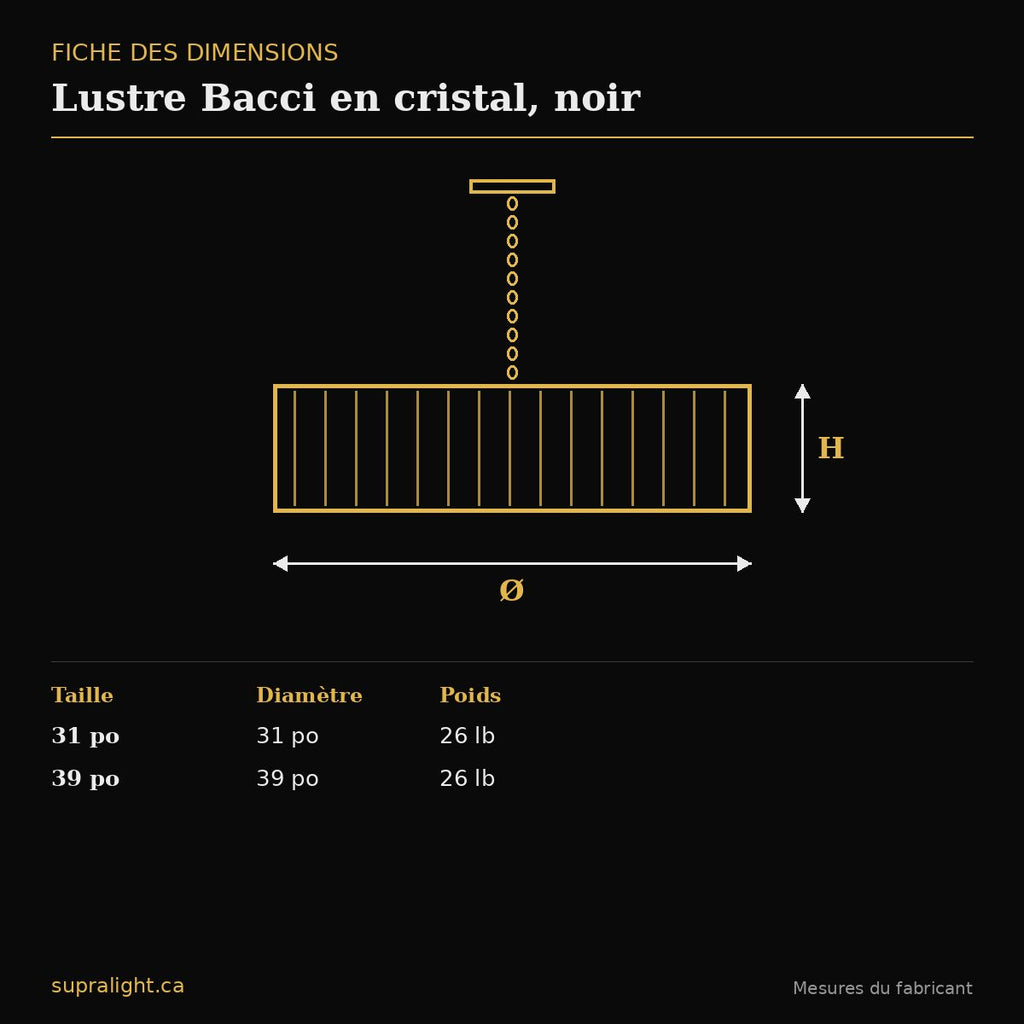 Lustre Bacci en cristal, noir – dimensions