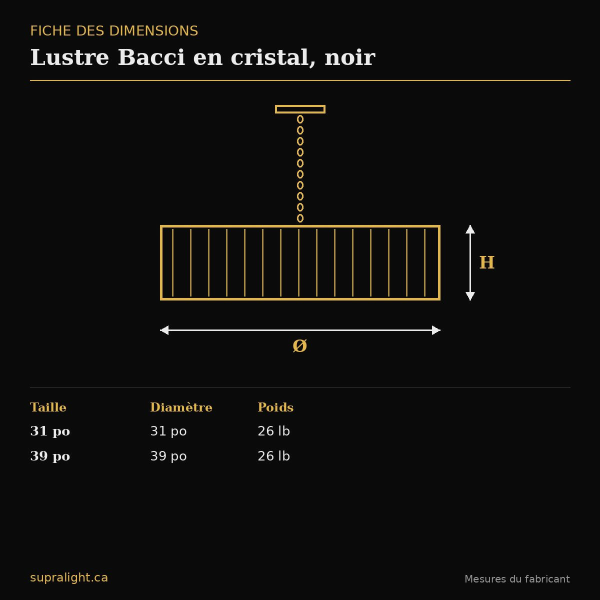 Lustre Bacci en cristal, noir – dimensions