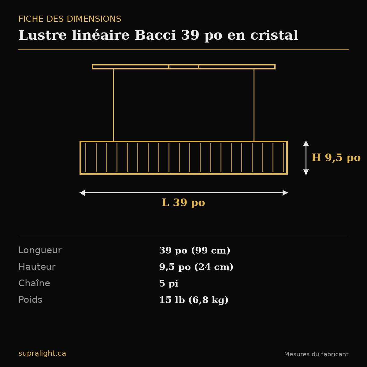 Lustre linéaire Bacci 39 po en cristal – dimensions