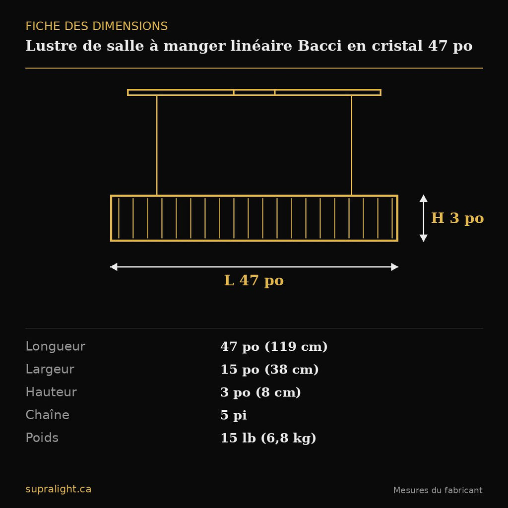 Lustre de salle à manger linéaire Bacci en cristal 47 po – dimensions