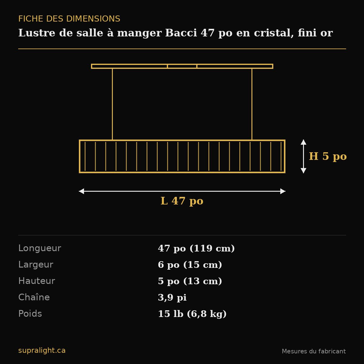 Lustre de salle à manger Bacci 47 po en cristal, fini or – dimensions
