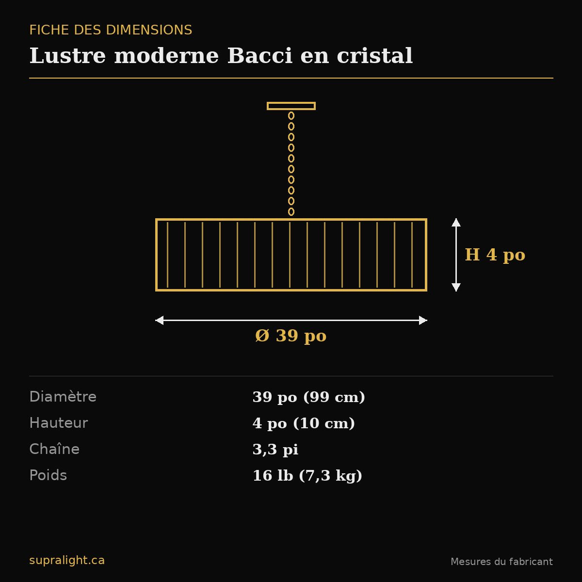 Lustre moderne Bacci en cristal – dimensions