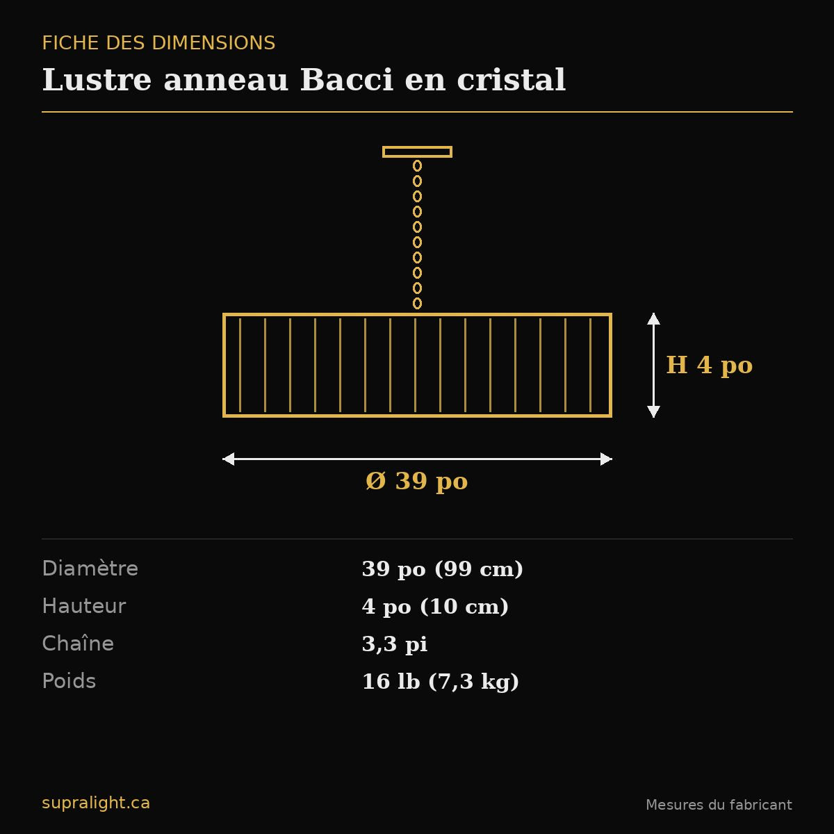 Lustre anneau Bacci en cristal – dimensions