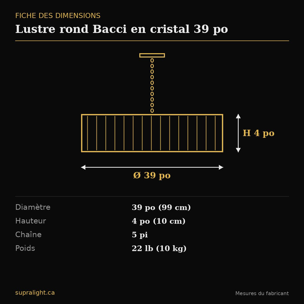 Lustre rond Bacci en cristal 39 po – dimensions