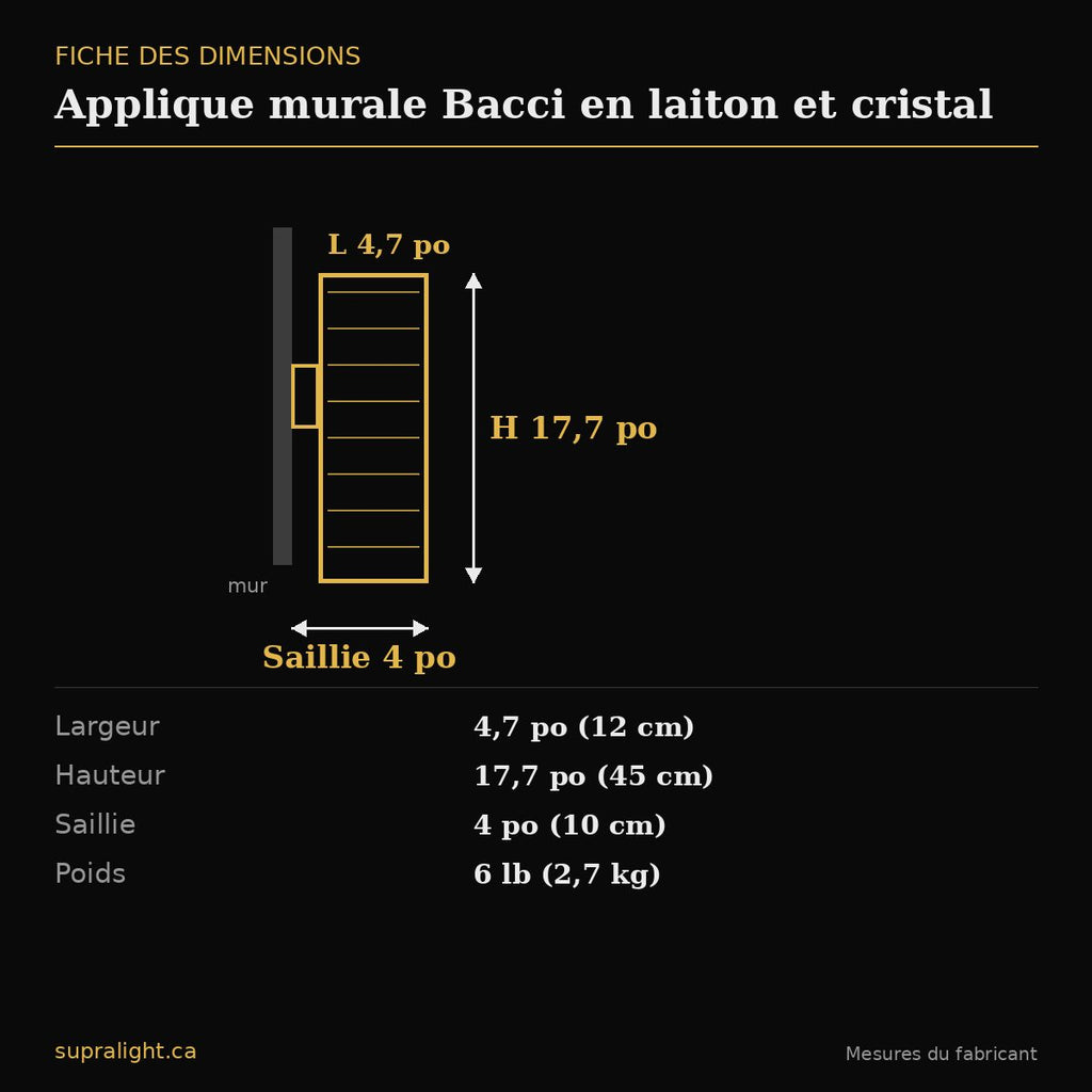 Applique murale Bacci en laiton et cristal – dimensions