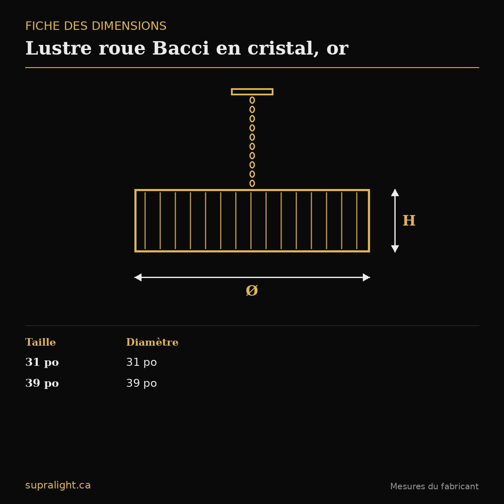 Lustre roue Bacci en cristal, or – dimensions