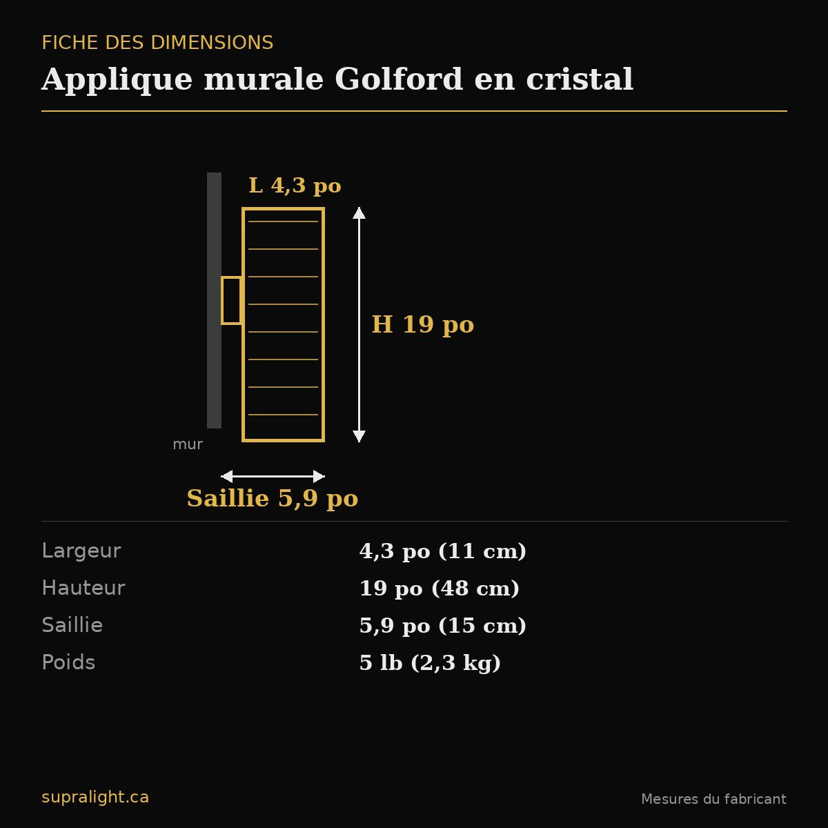 Applique murale Golford en cristal – dimensions