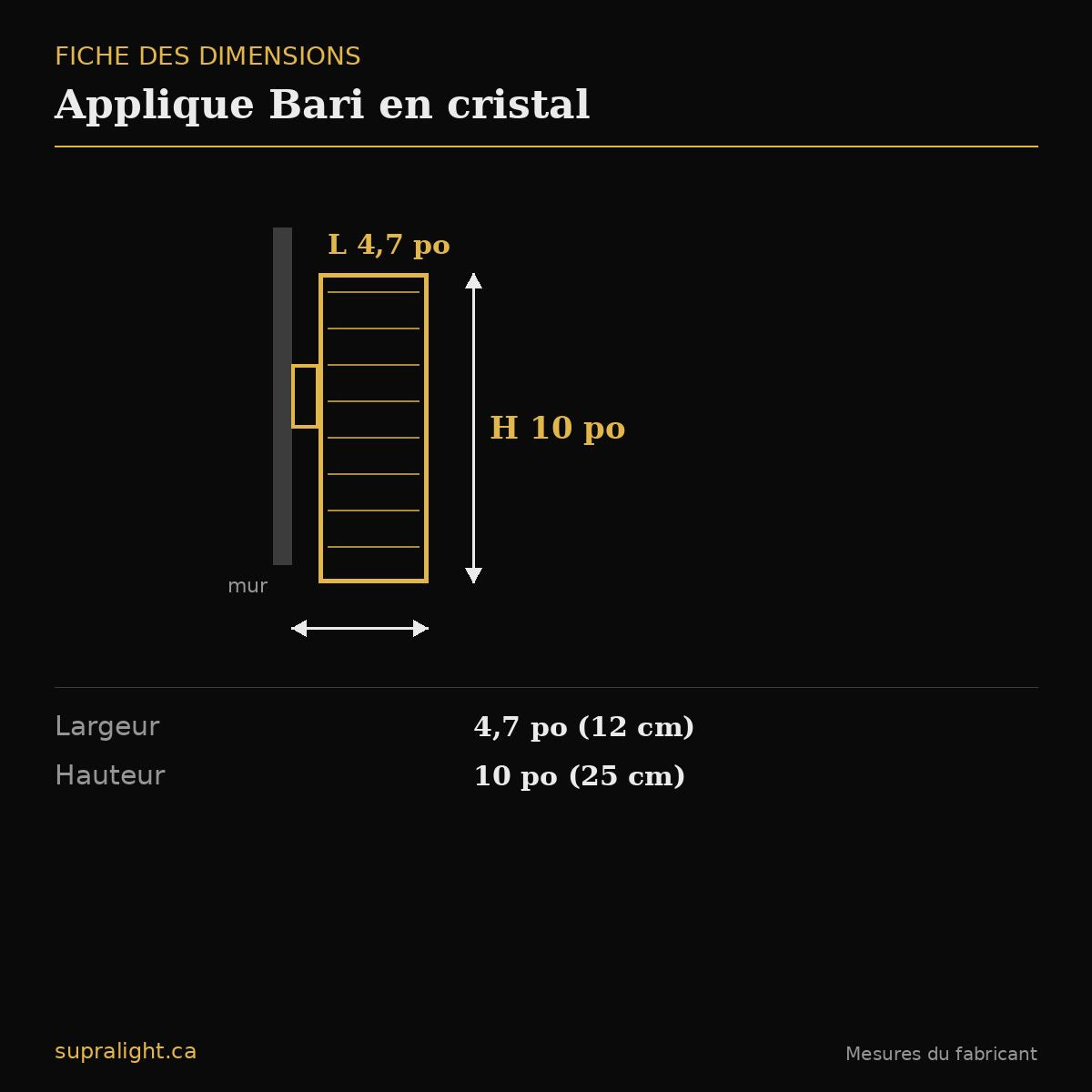 Applique Bari en cristal – dimensions