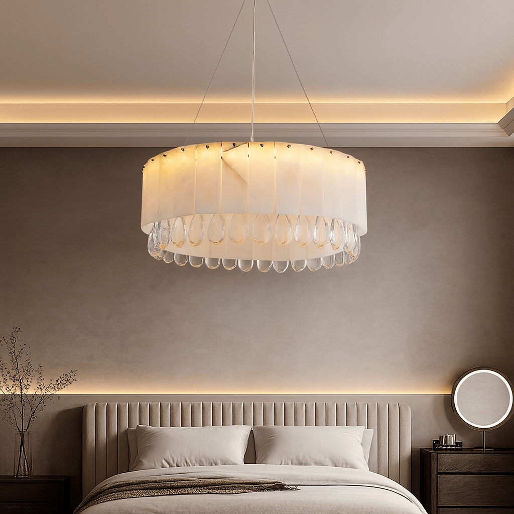 Lustre rond Stuart 23 po en marbre et cristal – vue 2