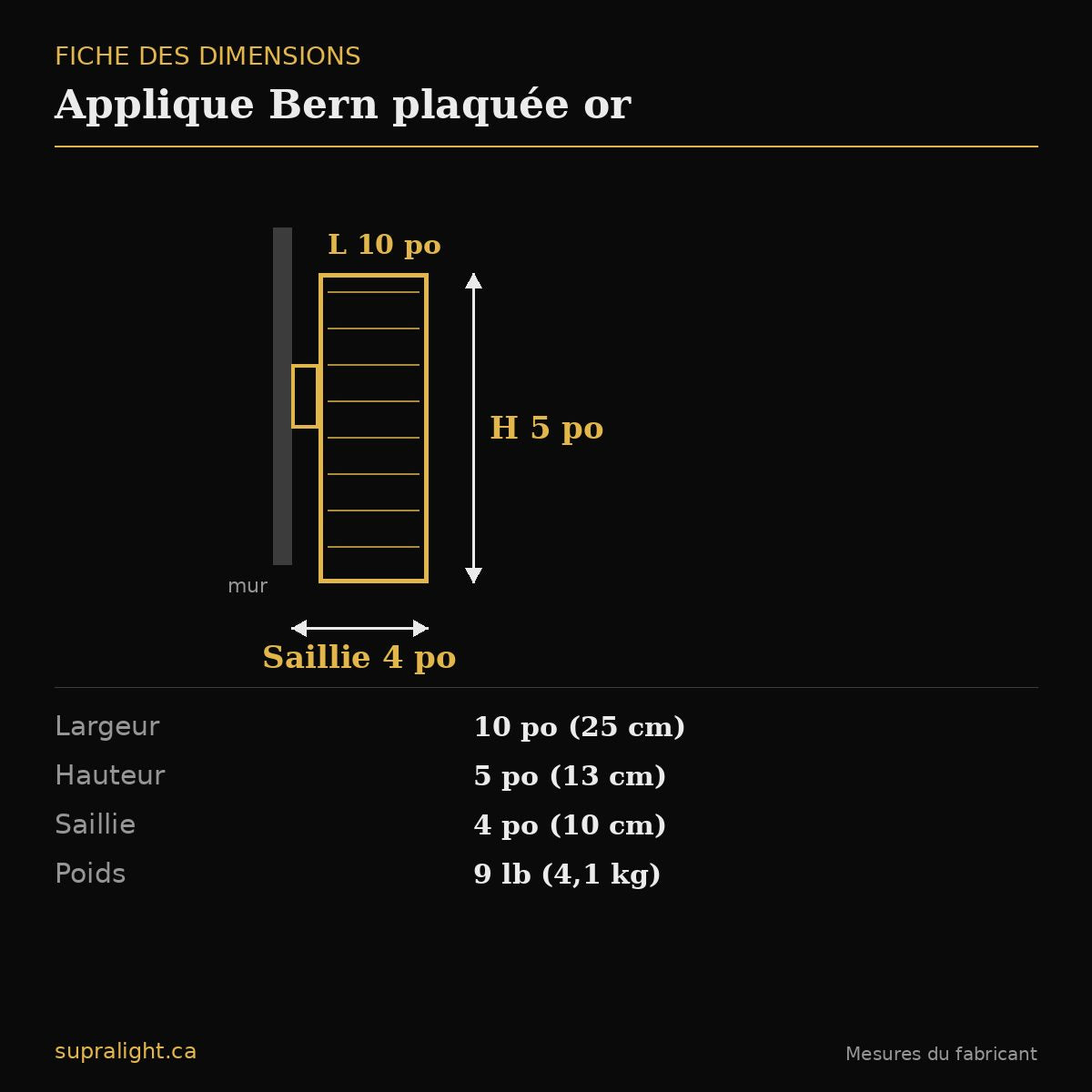 Applique Bern plaquée or – dimensions
