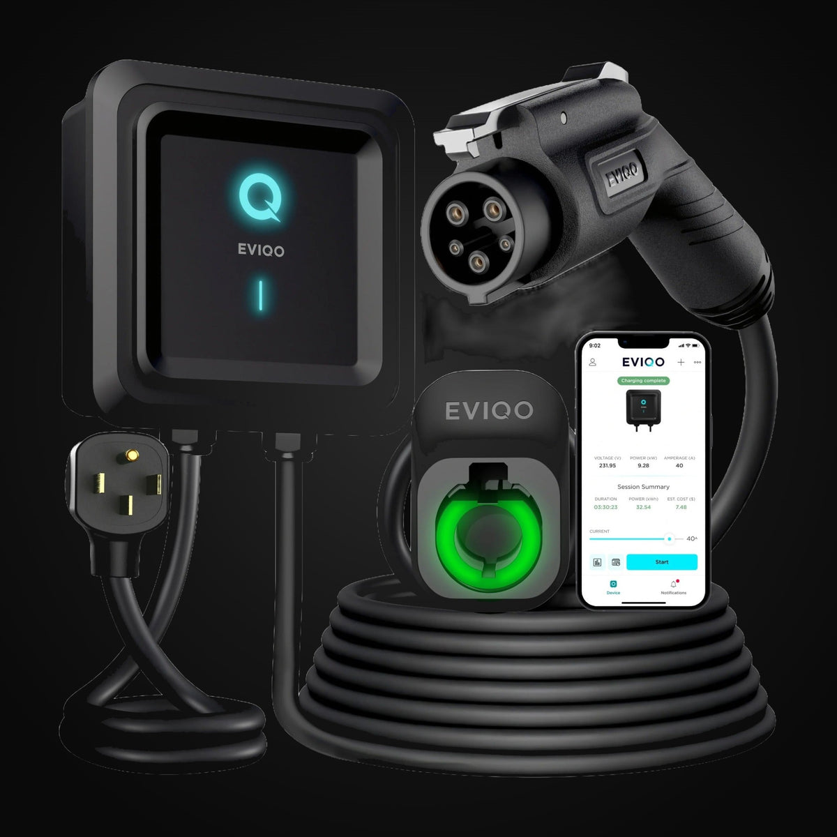 Borne de recharge EVIQO 40 A – 240 V, NEMA 14-50, J1772, câble 25 pi